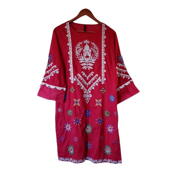 Dresses & Skirts - Embroidered Red Midi Floral 100% Cotton Dress